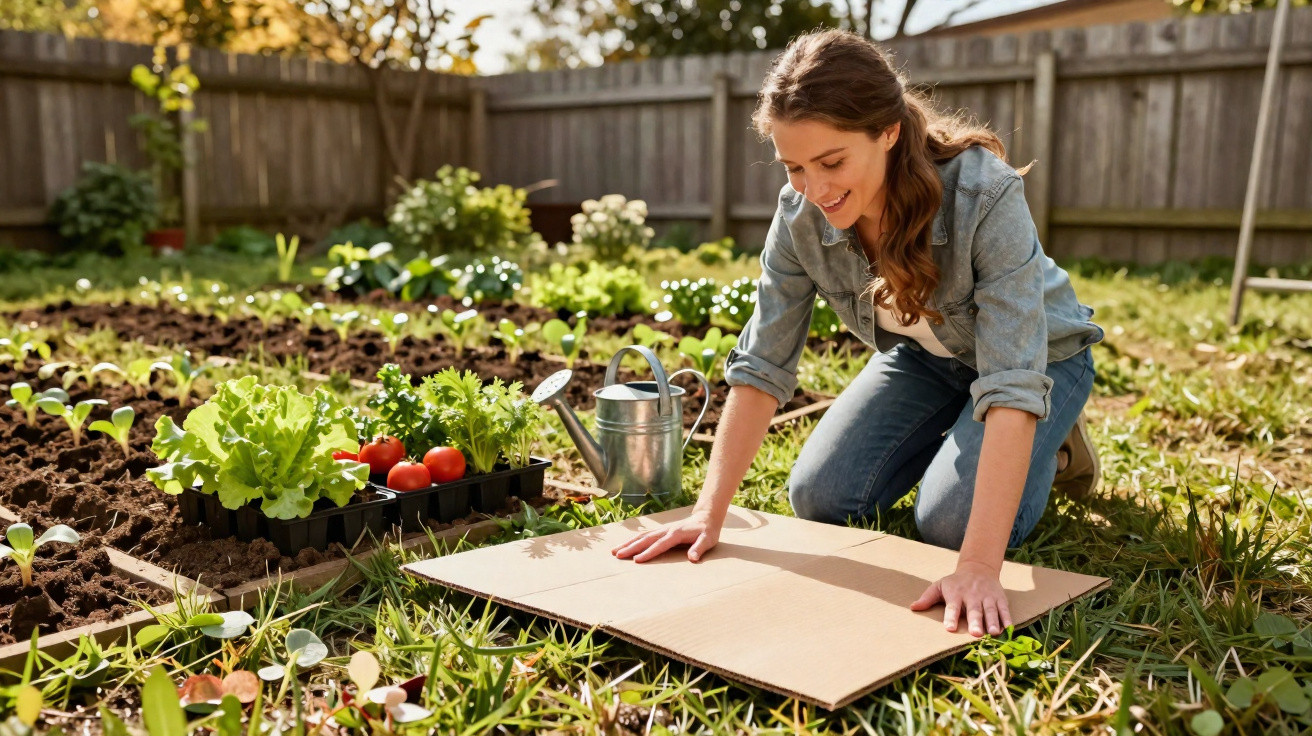Mulher jovem a preparar terreno no jardim, rodeada de plantas e legumes frescos ao sol.