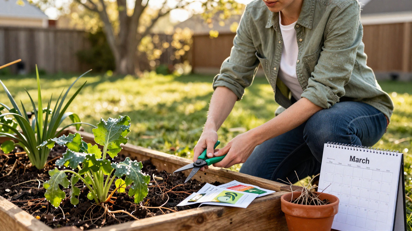 Pessoa a cuidar de plantas numa cama de jardim, com calendário aberto no mês de março ao lado.
