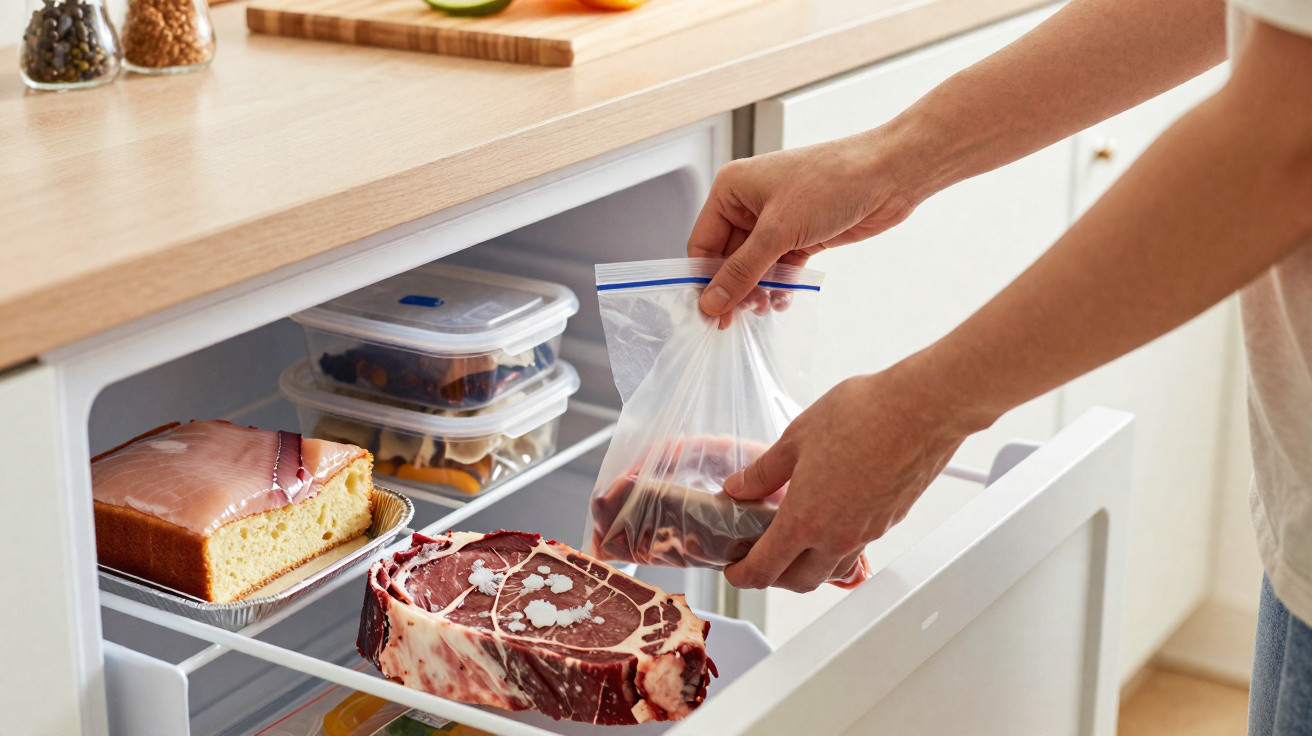Mãos a colocar saco com carne no congelador cheio de alimentos variados numa cozinha moderna.
