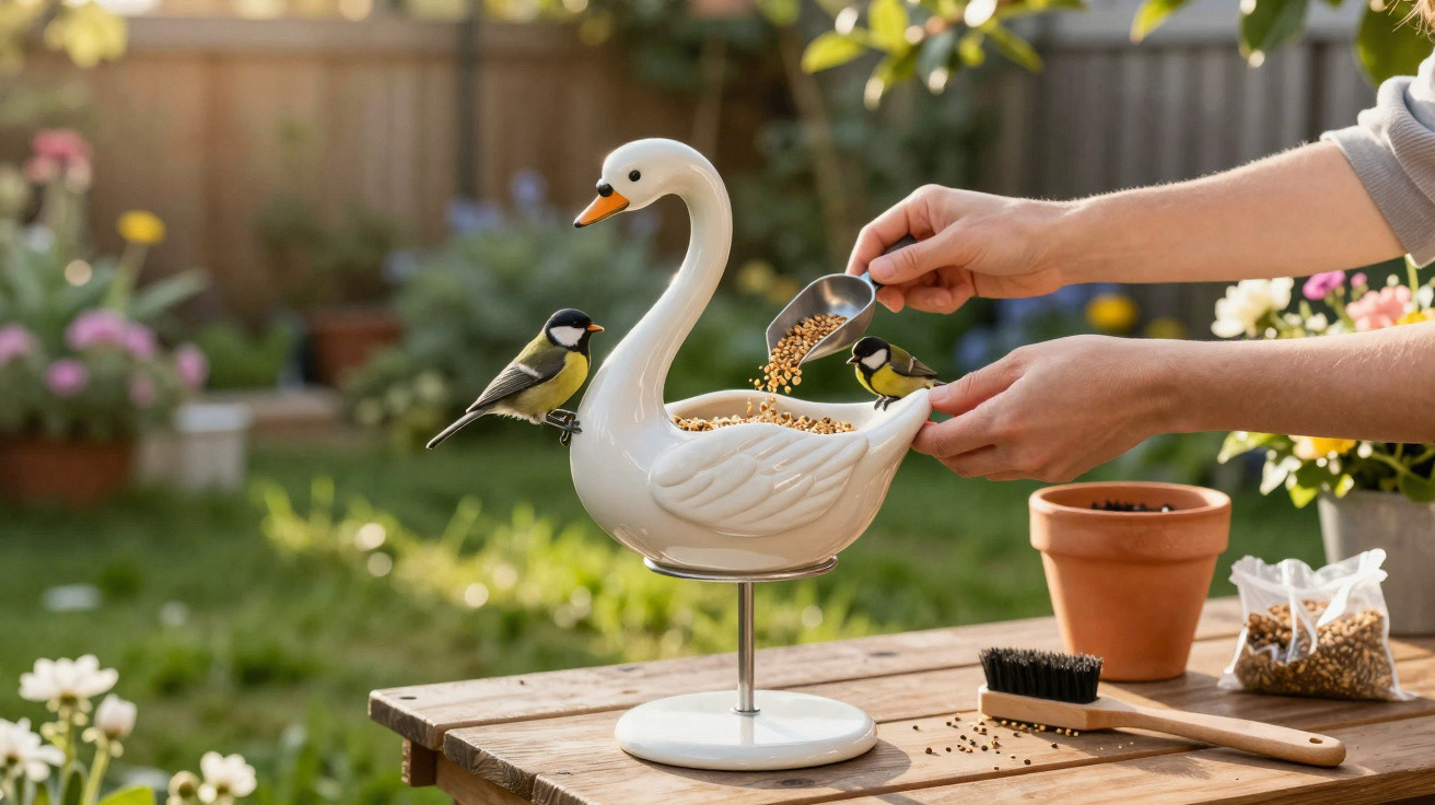 Pessoa a encher comedouro em forma de cisne enquanto dois pássaros pequenos pousam para comer sementes no jardim.