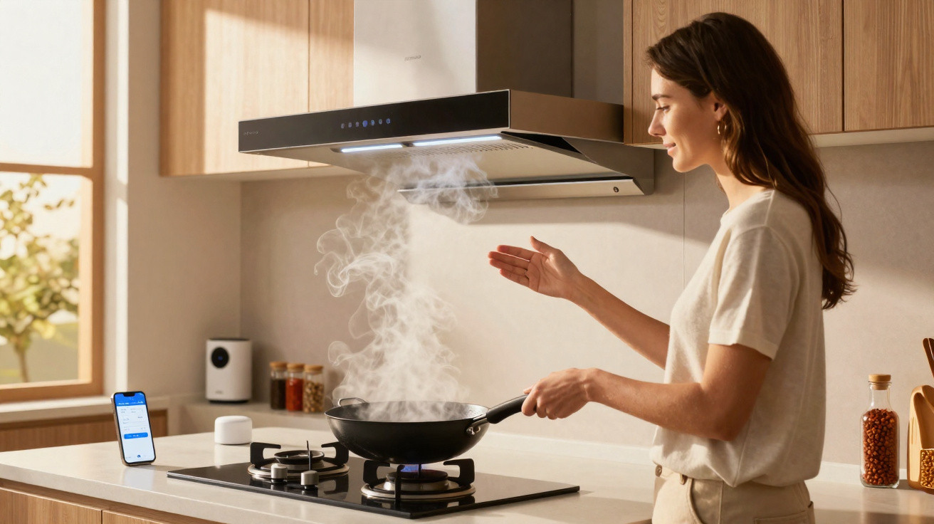 Mulher jovem a cozinhar numa cozinha moderna com exaustor ligado e vapor a subir da frigideira.