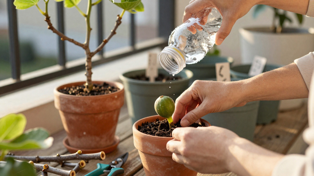Mãos a regar uma pequena planta numa varanda com vários vasos de barro e ferramentas de jardinagem.
