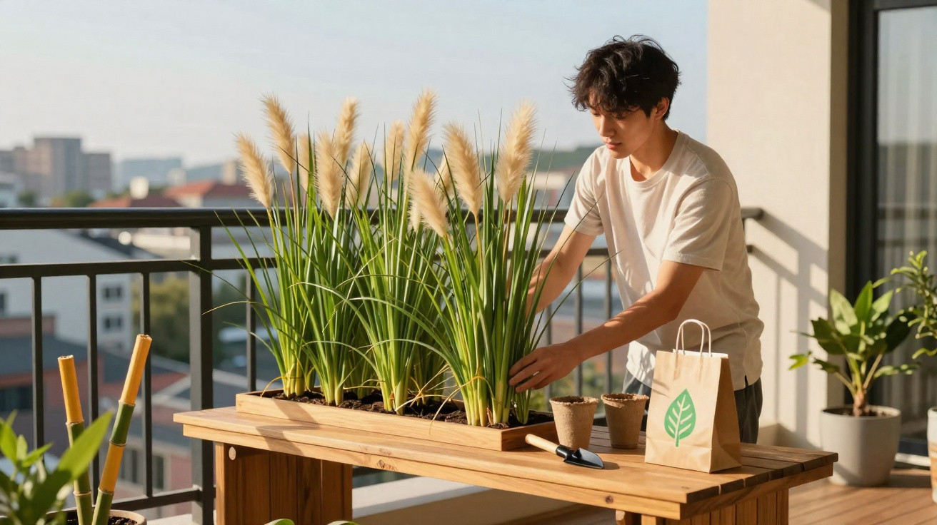 Jovem a cuidar de plantas num vaso longo numa varanda com vista para a cidade ao entardecer.