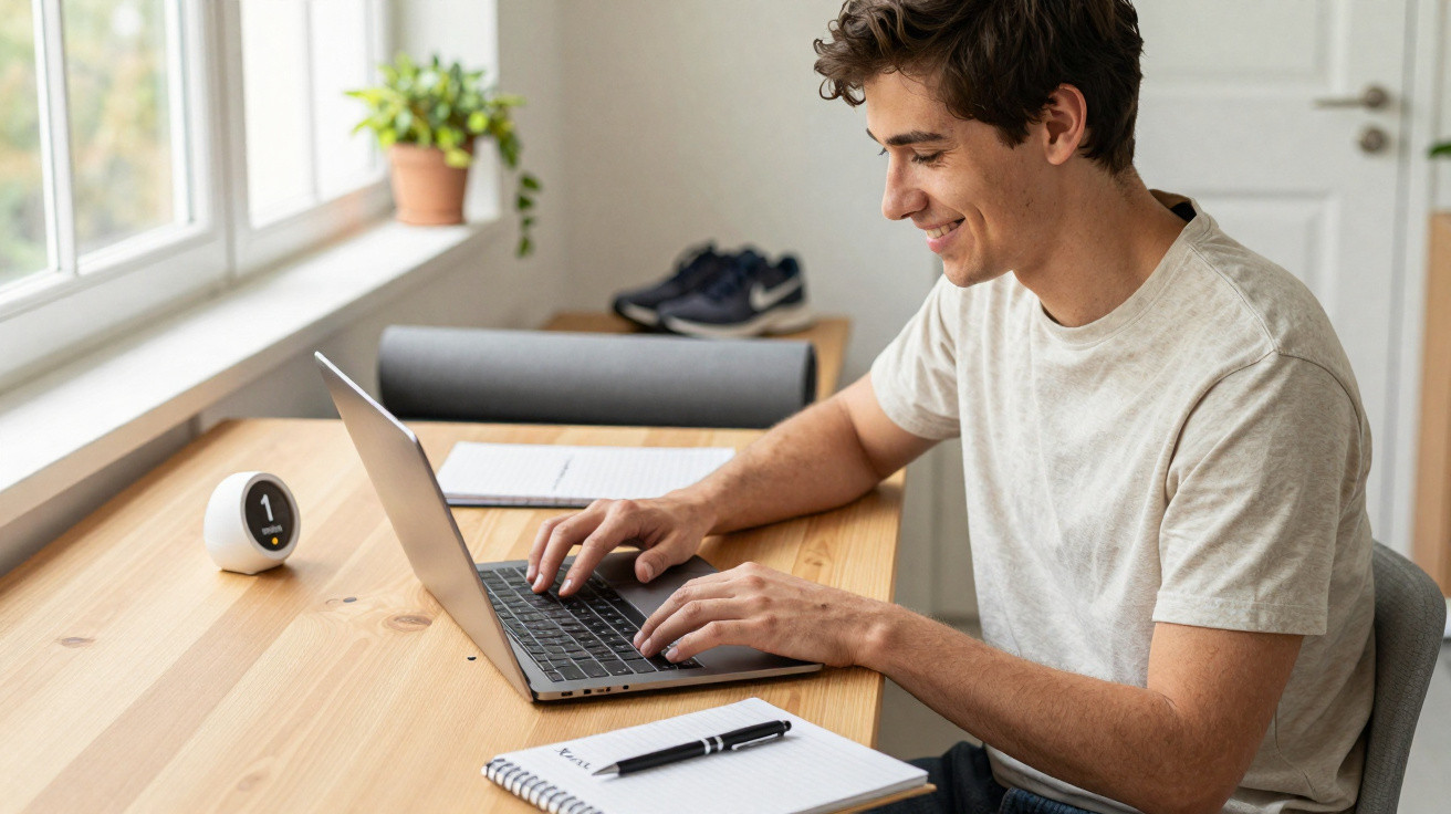 Jovem a trabalhar num computador portátil numa mesa de madeira junto a uma janela luminosa.