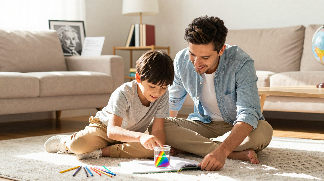 Pai e filho sentados no chão a brincar e pintar num ambiente luminoso e acolhedor em casa.