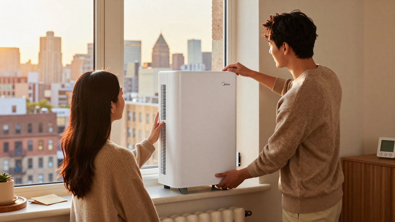 Casal junto à janela instala aparelho branco enquanto o sol se põe sobre edifícios urbanos ao fundo.