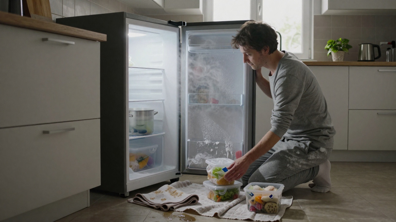 Homem a limpar o interior de um frigorífico com lenços e potes de comida numa cozinha moderna.