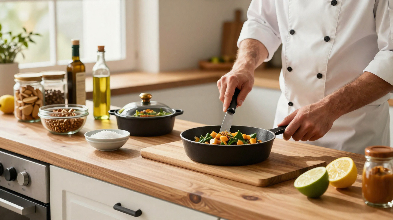 Chef a cozer legumes numa frigideira numa cozinha moderna com janelas e ingredientes na bancada.