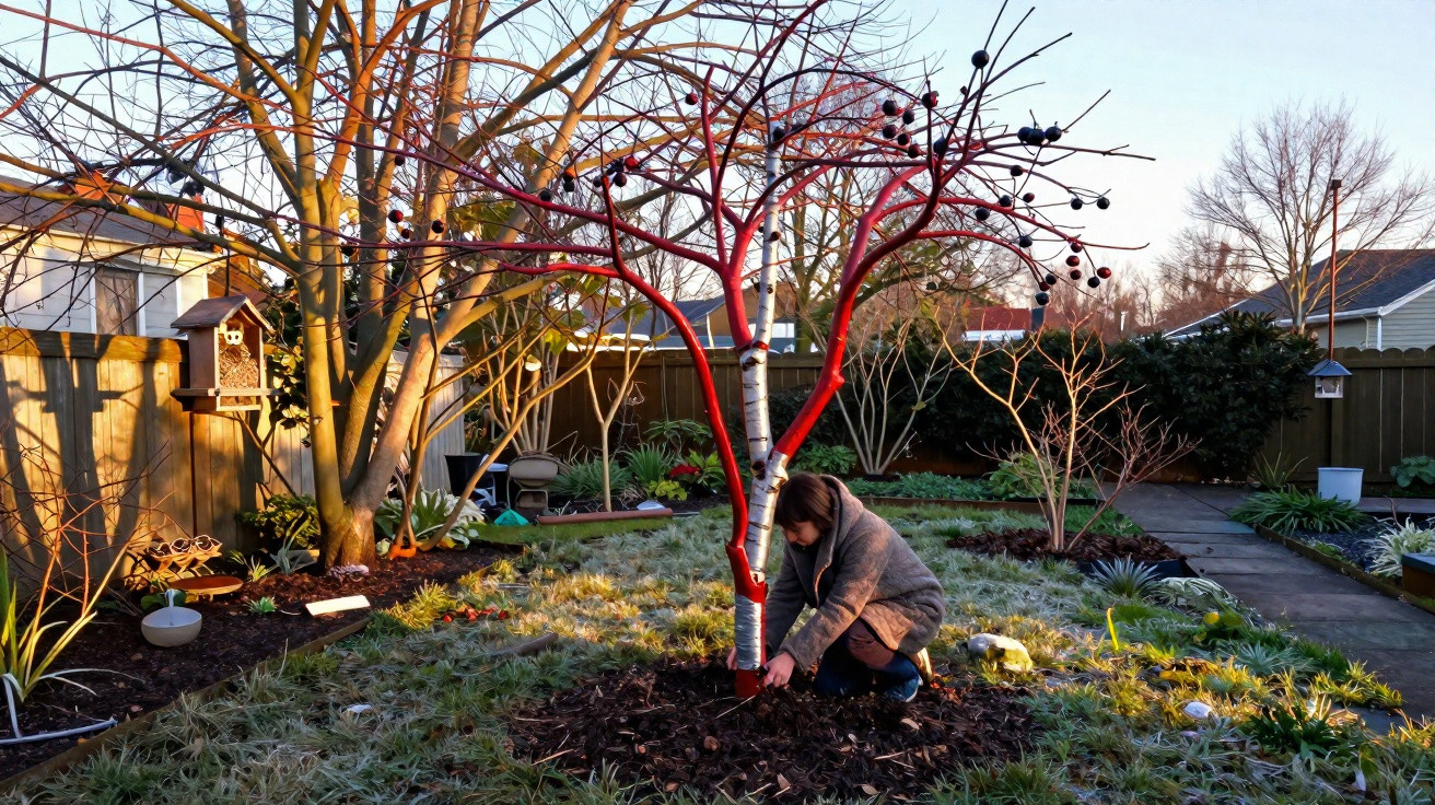 Pessoa a cuidar de uma árvore com tronco vermelho num jardim com plantas e relva ao entardecer.