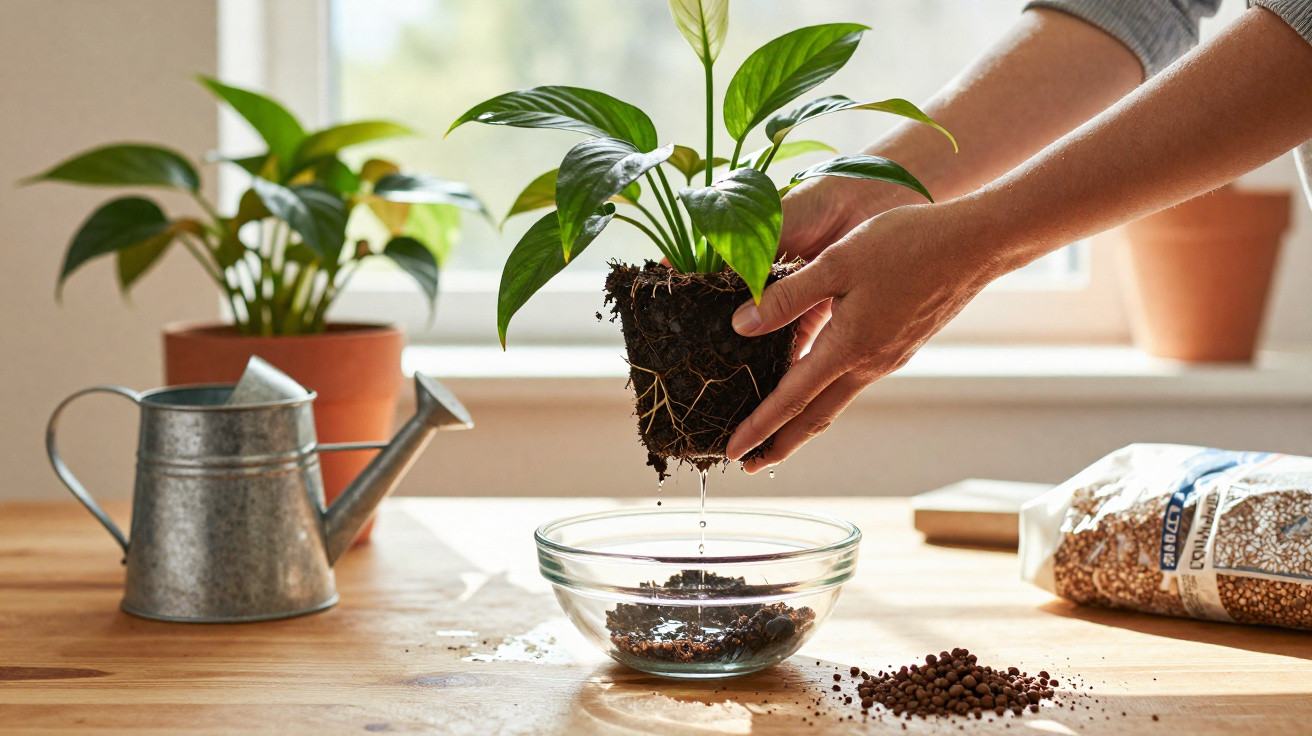 Mãos seguram planta com terra a escorrer água para um recipiente, junto de regador e vasos numa mesa iluminada.