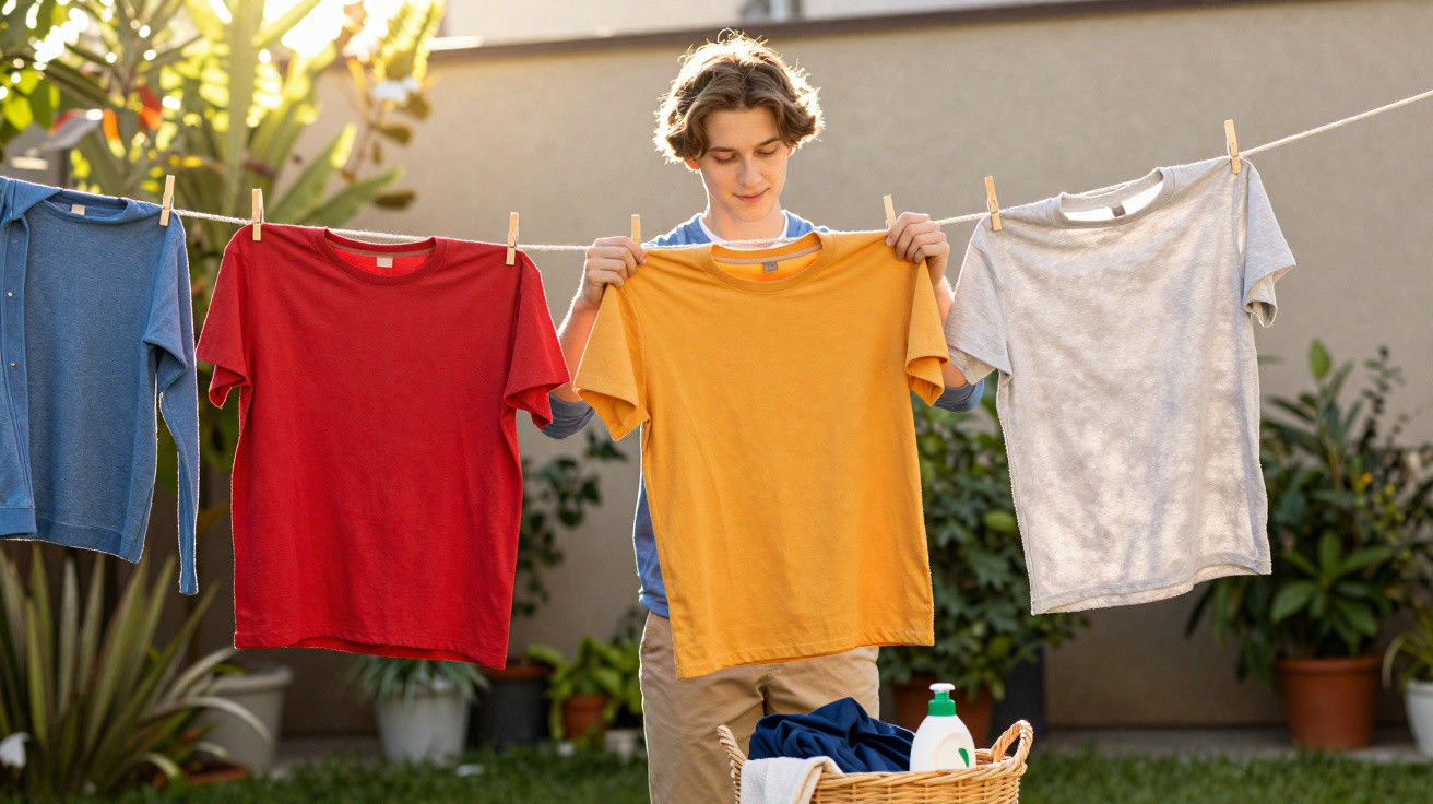Jovem a pendurar t-shirts coloridas num estendal no jardim num dia ensolarado.