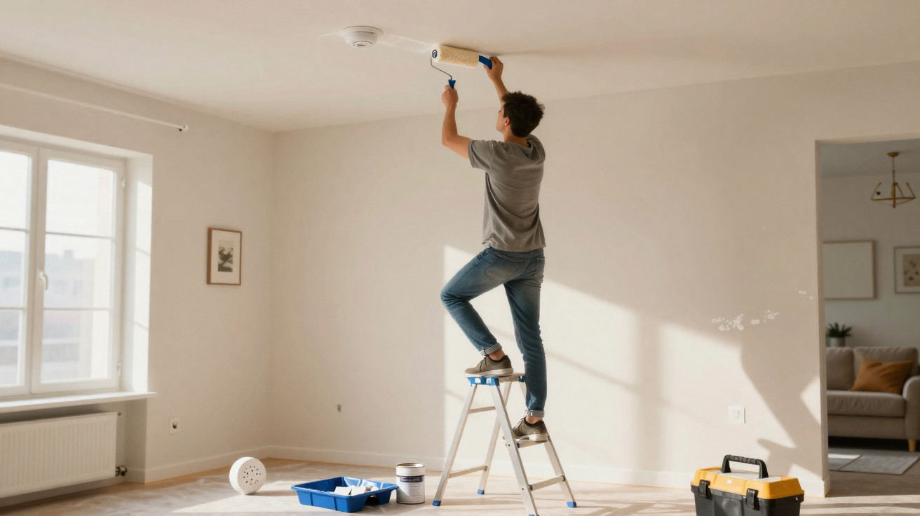 Homem em escada a pintar o teto branco de uma sala iluminada e vazia durante uma renovação.