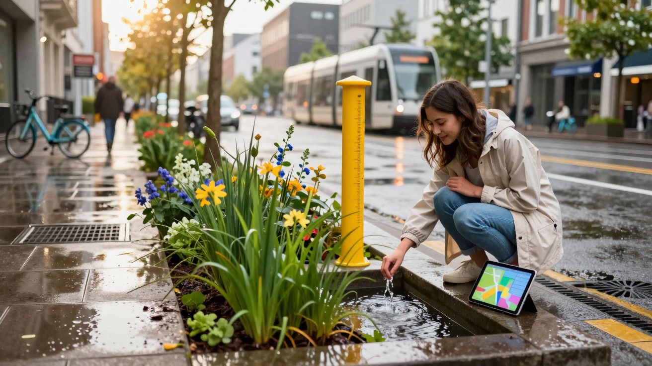 Mulher agachada junto a um canal de água na calçada de uma rua urbana com flores e um tablet ao lado.
