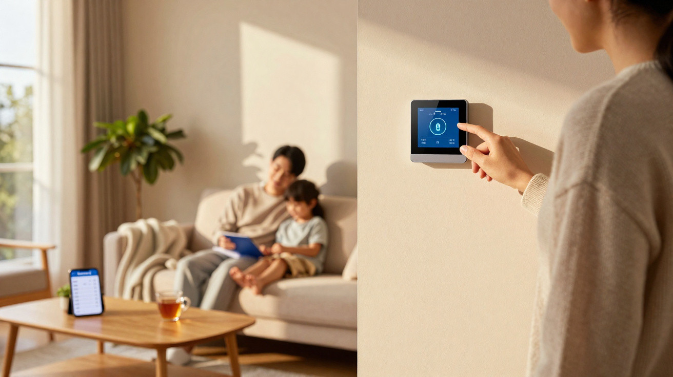 Pessoa a usar controlo de temperatura digital numa parede enquanto duas pessoas estão sentadas no sofá numa sala iluminada.