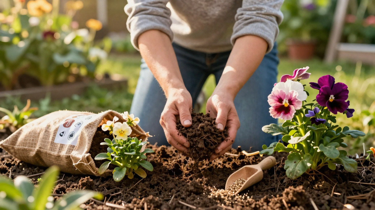 Pessoa a cultivar flores coloridas, segurando terra numa mão, com saco de fertilizante e enxada no solo.