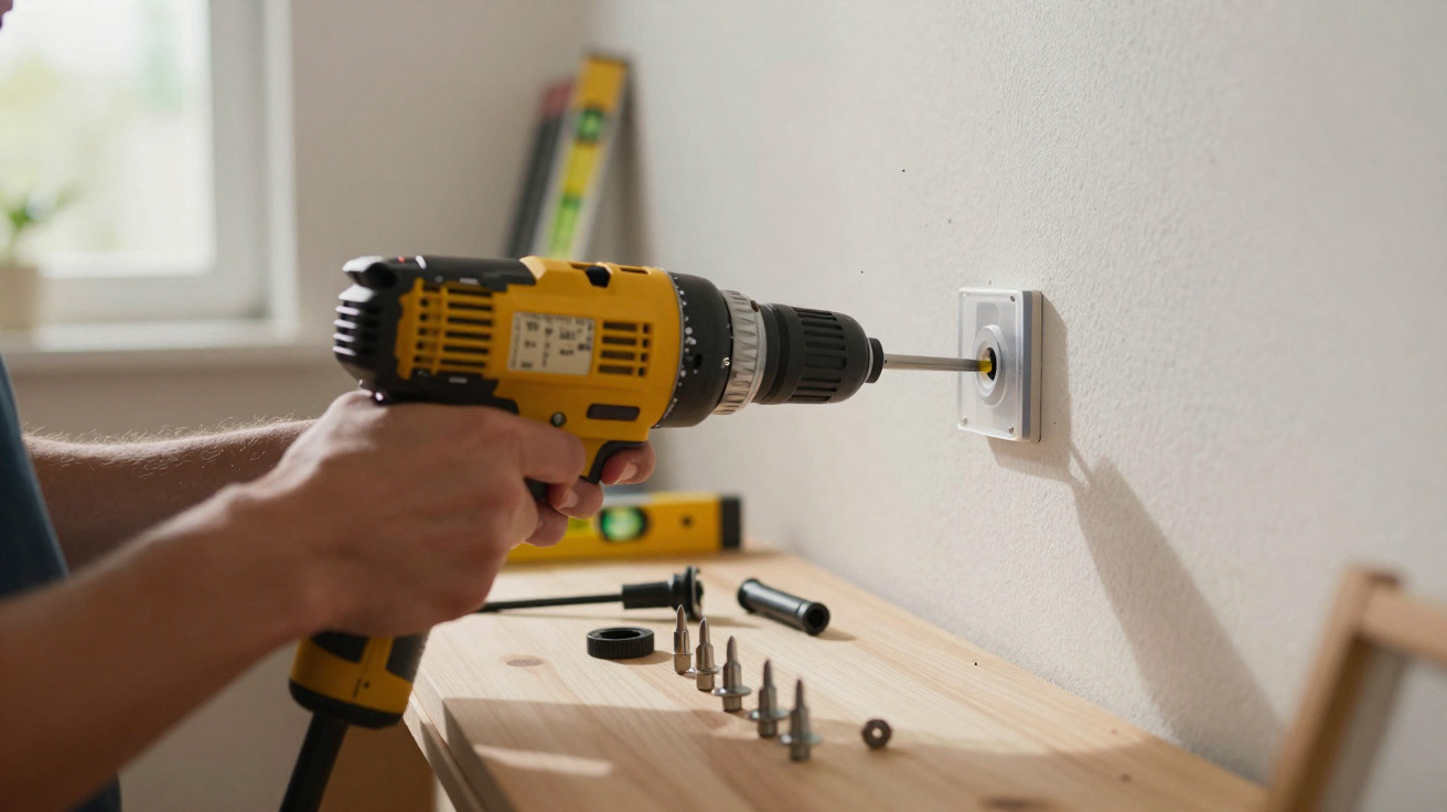 Pessoa a usar uma furadeira amarela para instalar uma tomada numa parede branca.