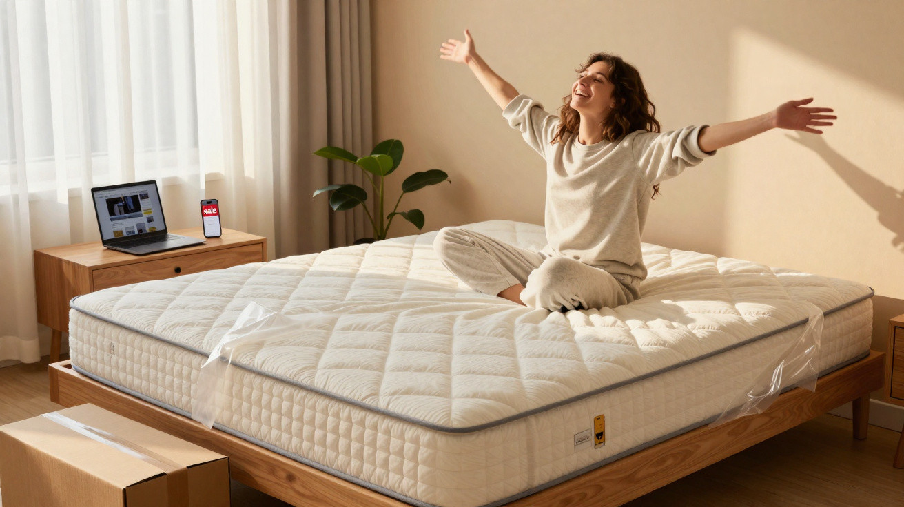 Mulher feliz sentada numa cama com colchão novo, esticando os braços numa sala iluminada.