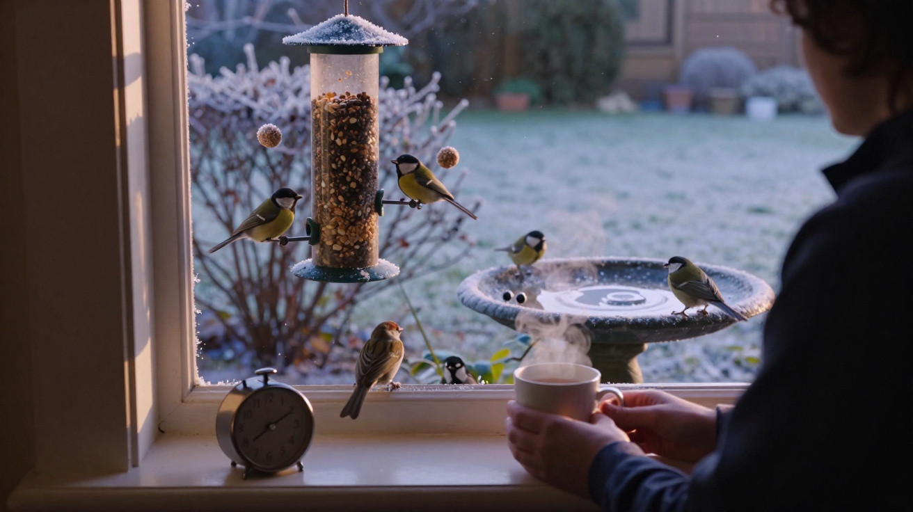 Pessoa observa pássaros a alimentarem-se numa estação de alimentação junto à janela num dia frio de inverno.