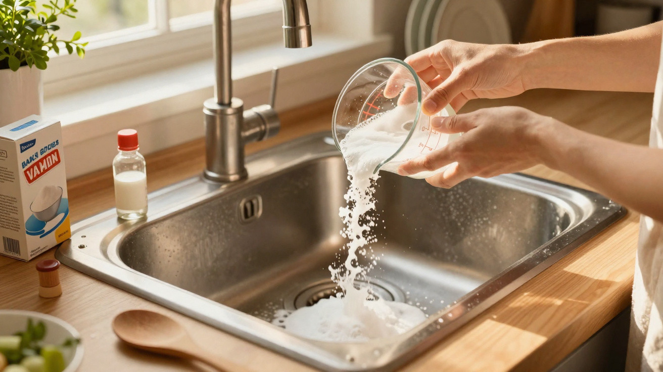 Pessoa a deitar bicarbonato de sódio num lava-loiças de aço inox numa cozinha iluminada.