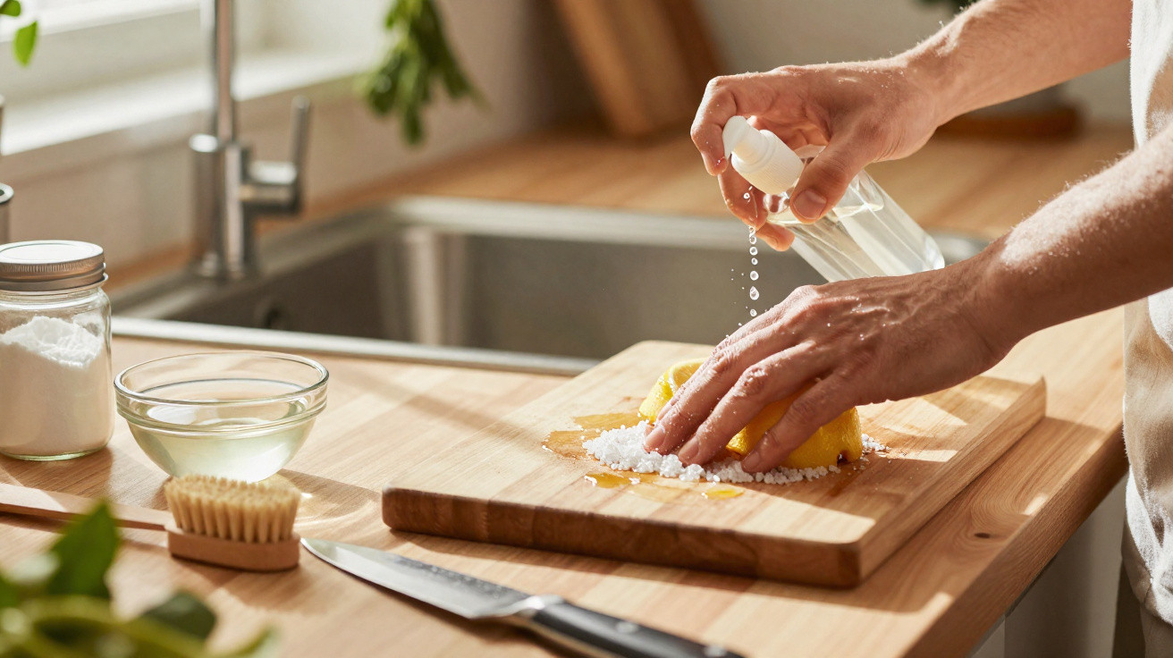 Pessoa a usar spray para cozinhar num corte de madeira com limão, sal grosso e utensílios de cozinha.