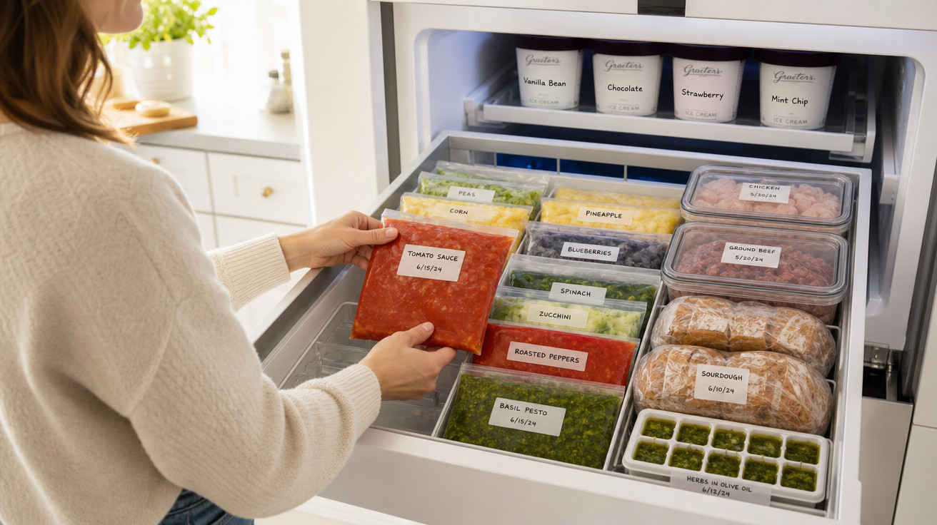 Pessoa a organizar sacos e caixas etiquetados com alimentos variados no congelador de gaveta.