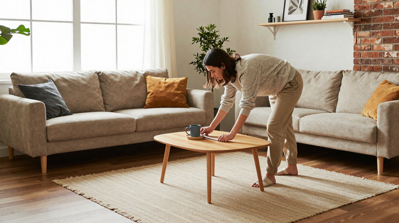Mulher a arrumar mesa de centro numa sala com sofás cinza e decoração minimalista.