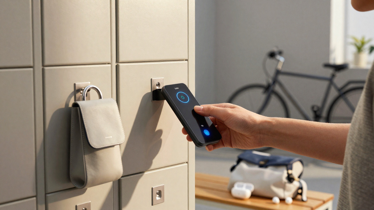 Pessoa a usar telemóvel para abrir armário com fechadura eletrónica num ambiente moderno.