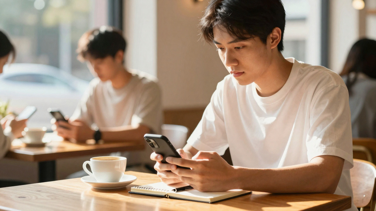 Jovem sentado numa cafeteria a usar telemóvel, com caderno e chávena de café à sua frente.