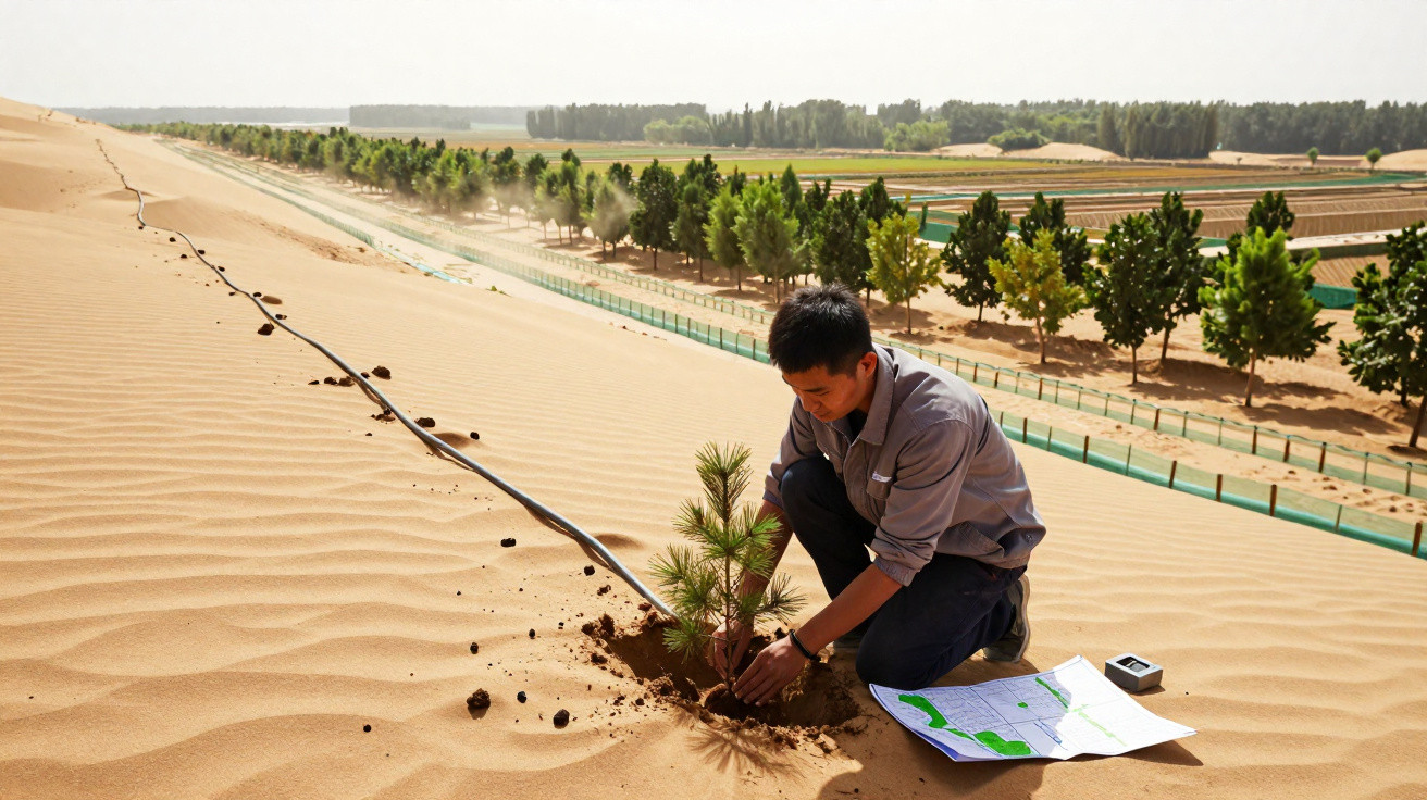 Homem planta uma árvore jovem na areia num grande campo árido com árvores e sistemas de irrigação ao fundo.