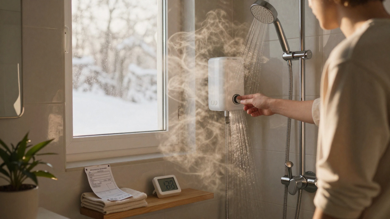 Pessoa liga chuveiro com vapor em casa com janela mostrando paisagem nevada do lado de fora.
