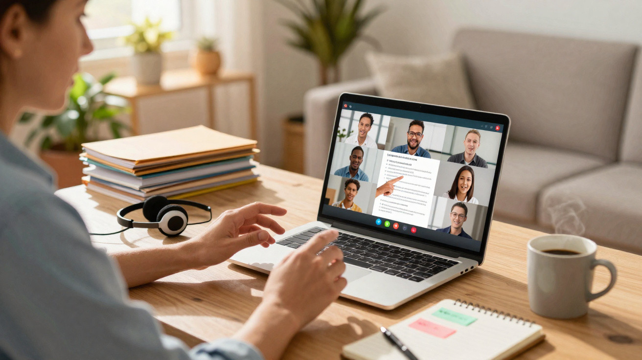 Pessoa em videoconferência num laptop com várias pessoas na chamada, ambiente de trabalho em casa com caderno e café.