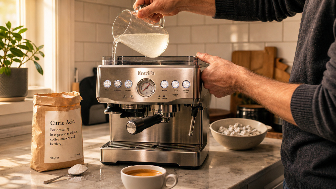Máquina de café espresso a ser limpa com solução de ácido cítrico e água numa cozinha iluminada.