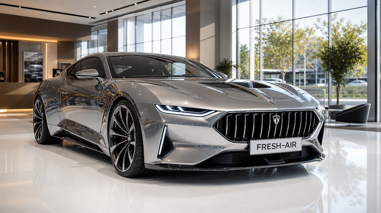 Carro desportivo cinzento metálico estacionado numa sala moderna com grandes janelas e luz natural.