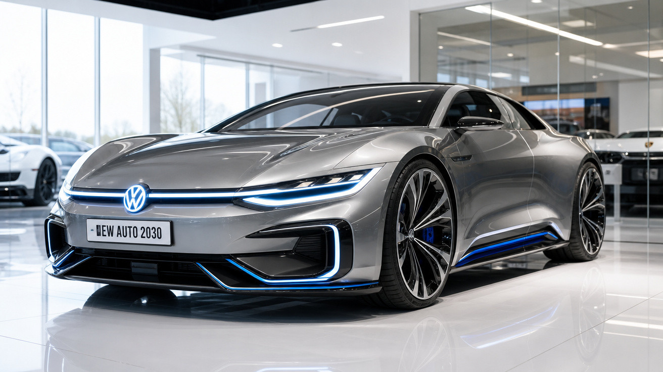 Carro desportivo elétrico Volkswagen prata com detalhes em azul exibido numa garagem moderna.