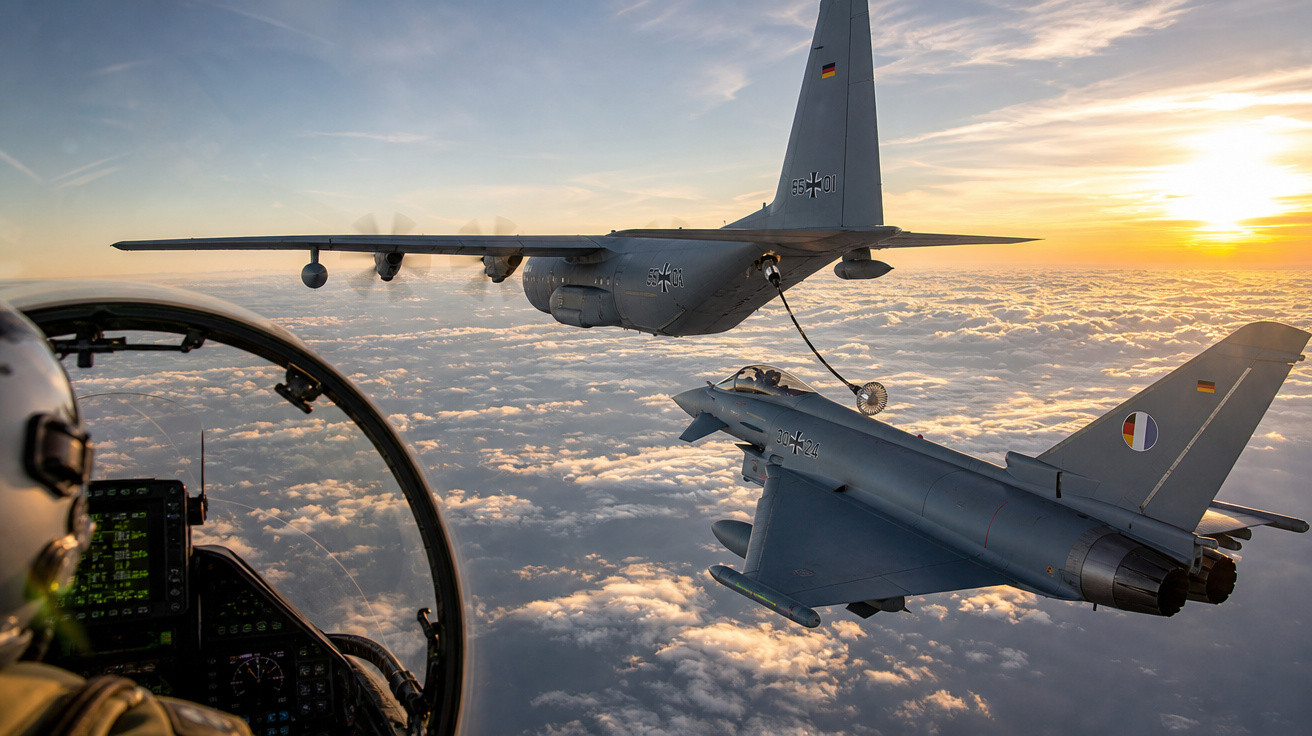 Abastecimento aéreo de avião militar Eurofighter por aeronave de transporte durante pôr do sol.