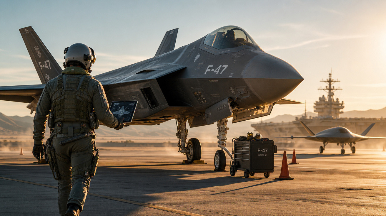 Piloto aproxima-se de caça F-47 na pista de um porta-aviões ao pôr do sol.