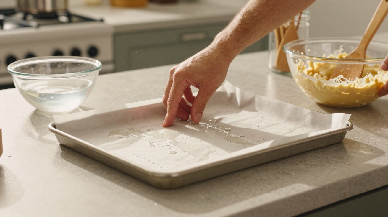 Mão a untar um tabuleiro com óleo para preparar massa numa cozinha moderna.