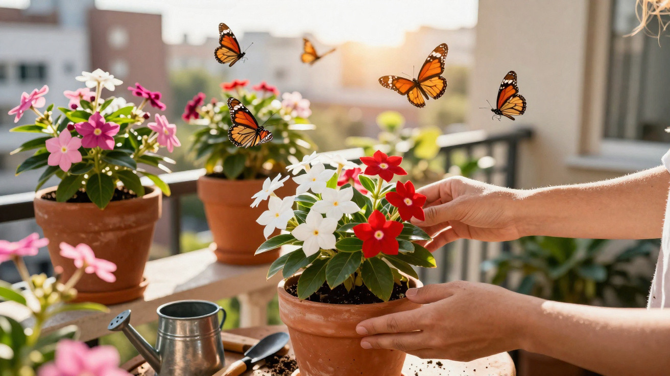 Mãos a cuidar de flores vermelhas e brancas em vaso, borboletas laranja voando num terraço ensolarado.