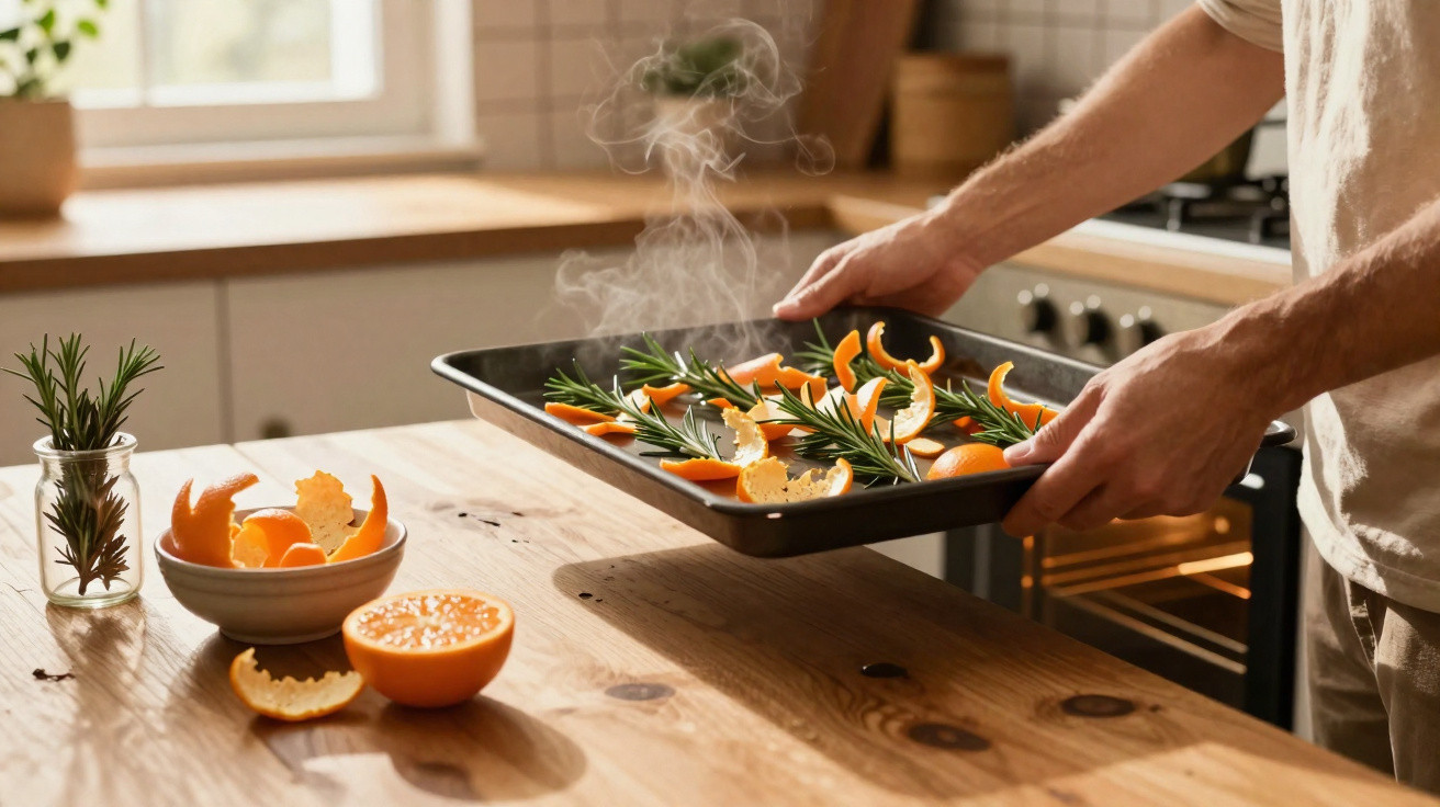 Pessoa a retirar tabuleiro com ervas e gomos de laranja do forno, numa cozinha iluminada e acolhedora.