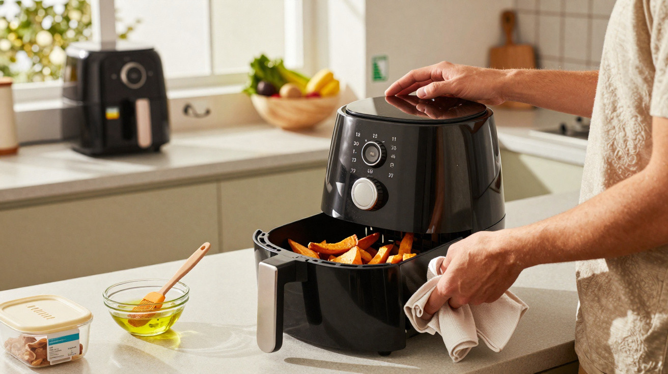 Pessoa a usar fritadeira sem óleo preta para cozinhar batatas doces na cozinha luminosa.