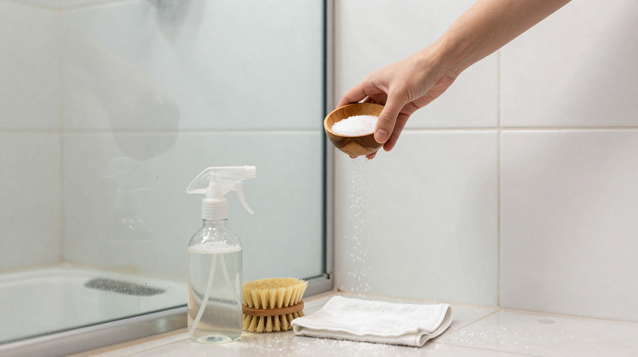 Mão a espalhar sal sobre superfície branca de casa de banho com frasco de spray, escova e pano.