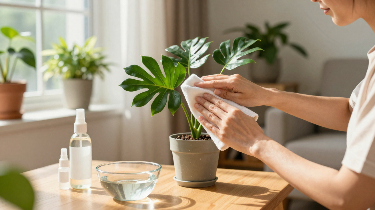 Pessoa a limpar as folhas de uma planta de interior com um pano numa mesa com frascos e tigela de água.