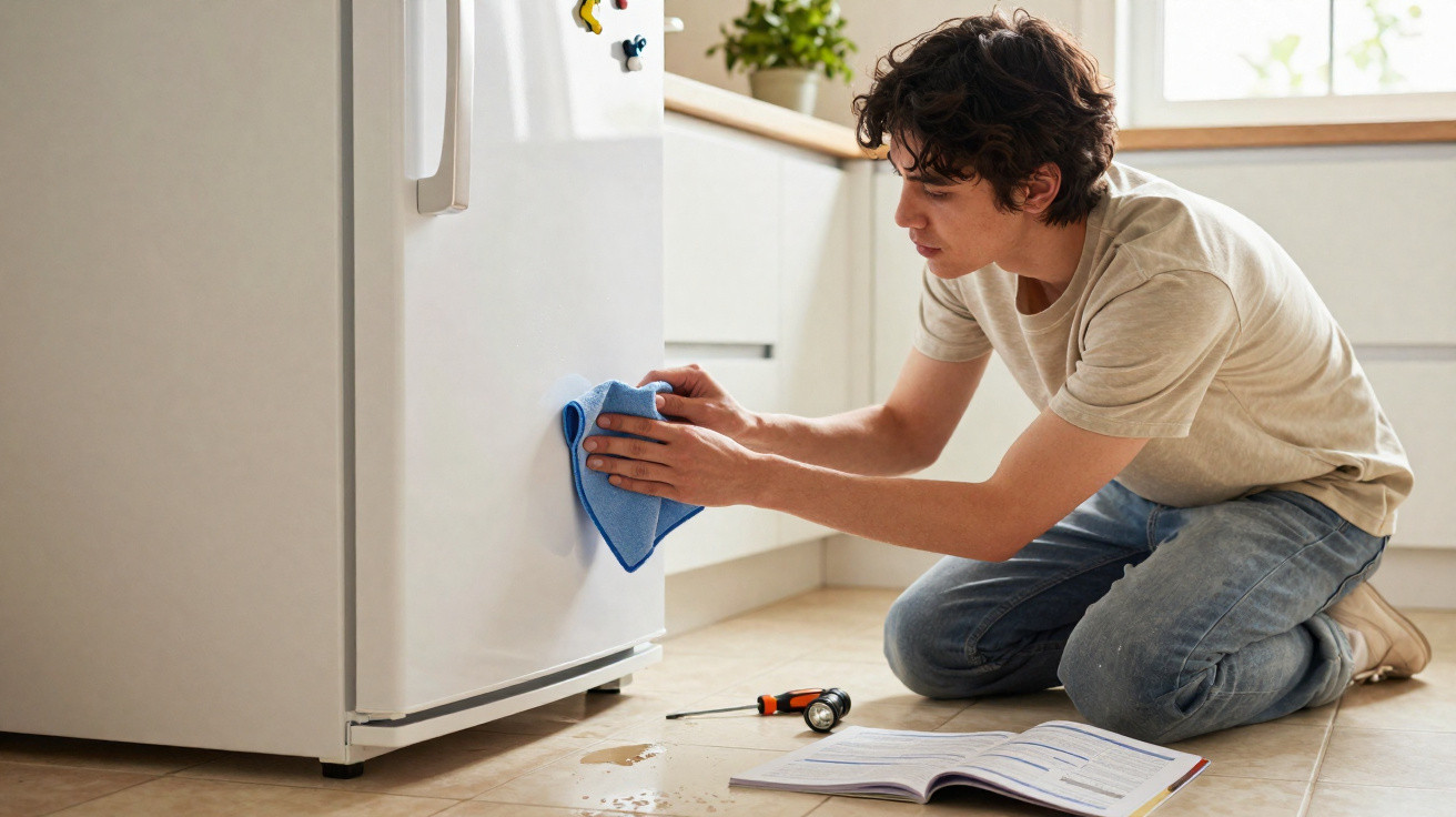 Homem ajoelhado a limpar um frigorífico branco na cozinha, com ferramentas e manual no chão.