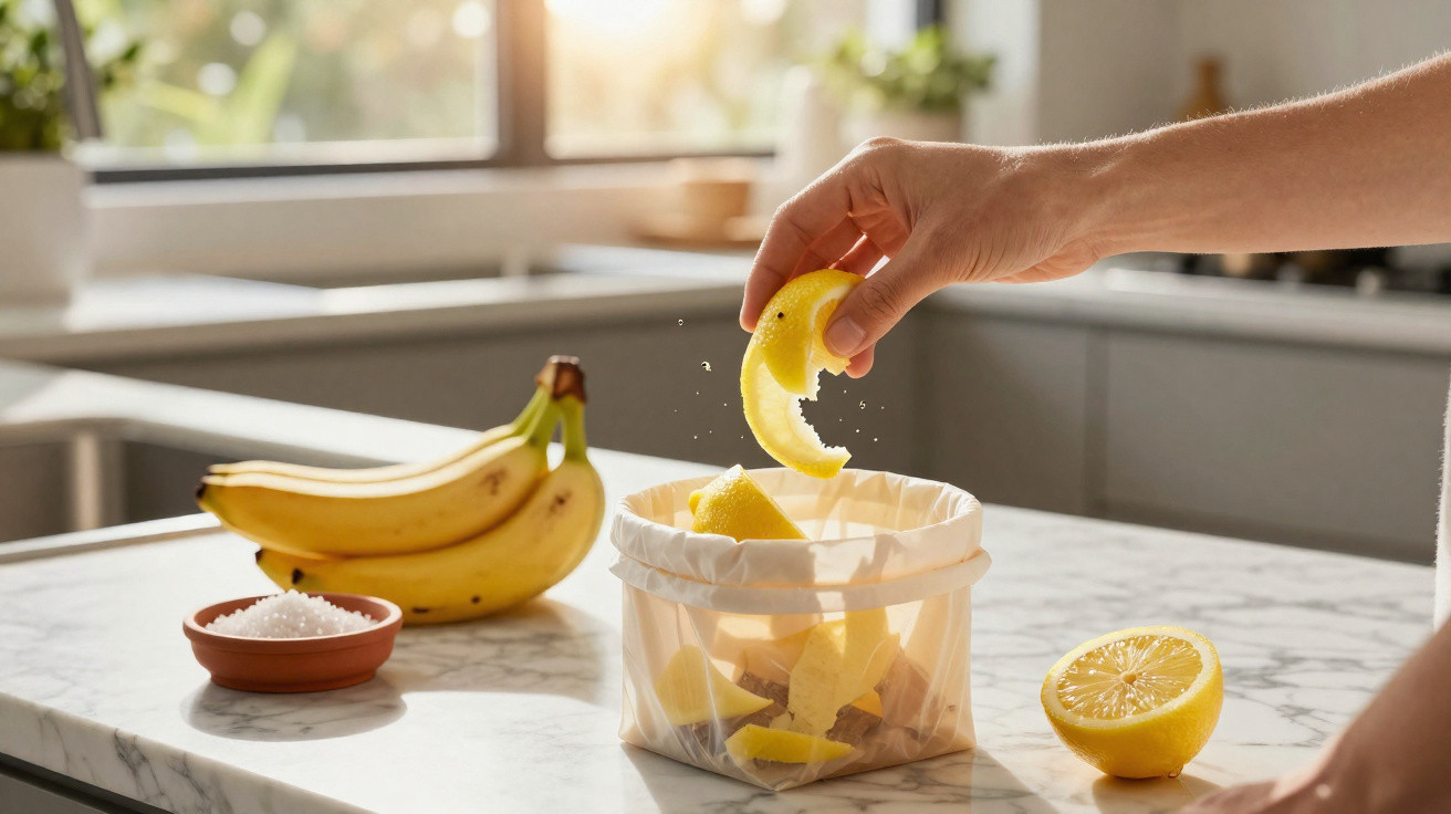 Mão a colocar cascas de limão num contentor de compostagem numa cozinha moderna com bananas ao lado.