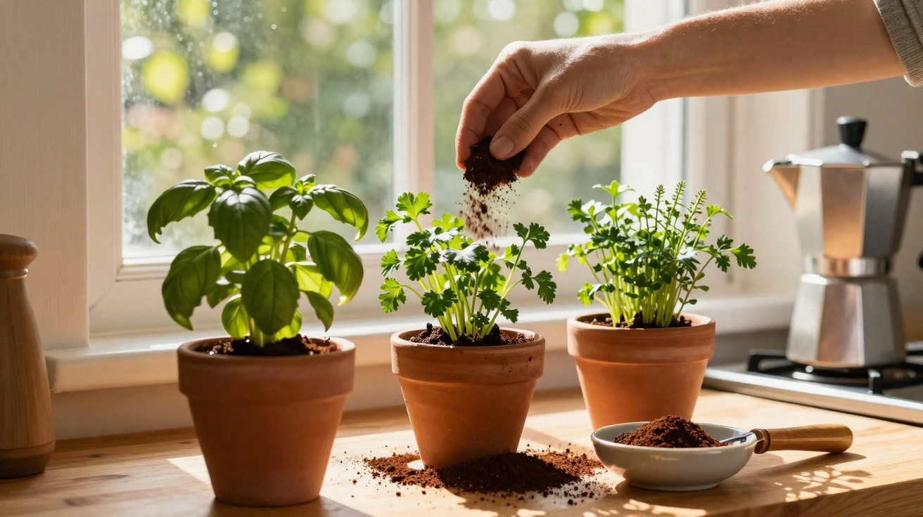 Mãos a adicionar terra a plantas aromáticas em vasos junto a uma janela com luz natural.