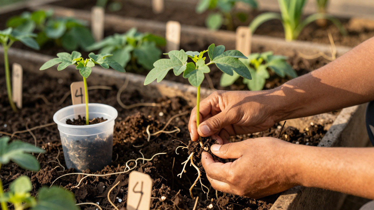 Mãos a transplantar muda de planta com raízes visíveis em canteiro com outras plantas e etiquetas numeradas.