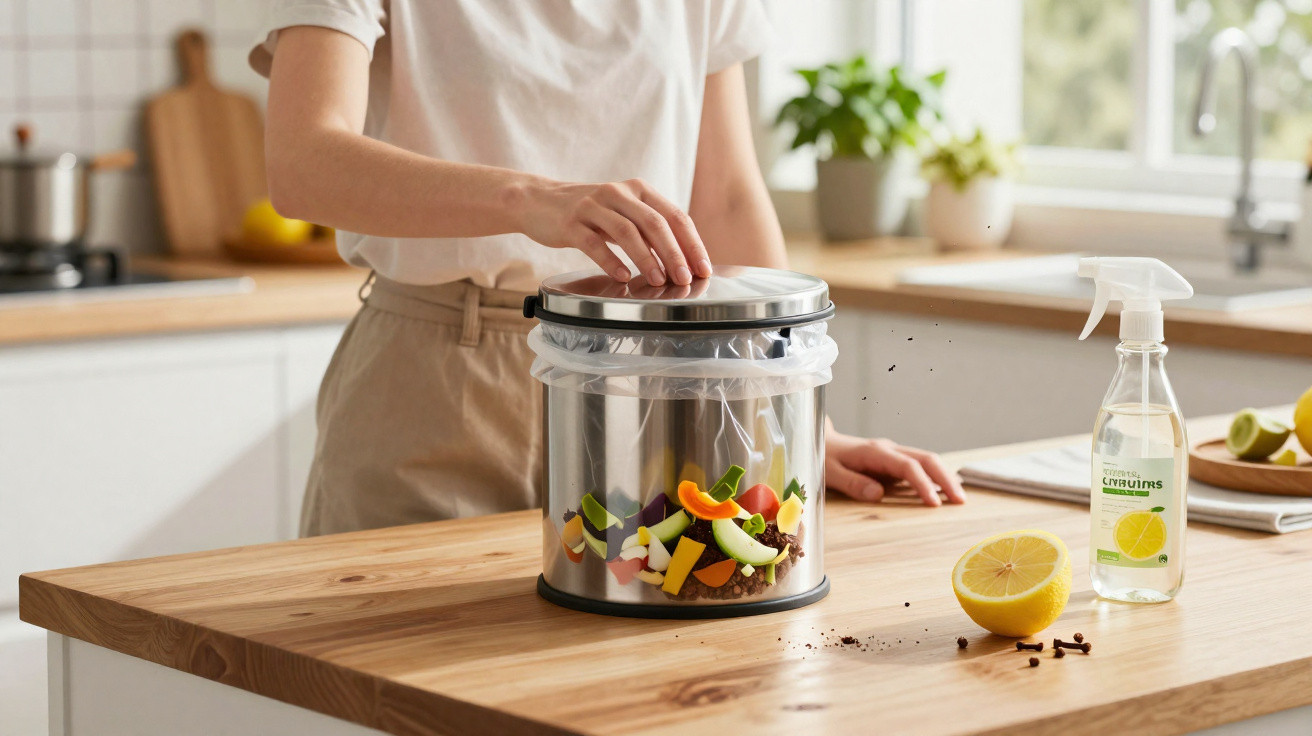 Pessoa a colocar tampa num recipiente metálico com restos de comida numa cozinha iluminada.