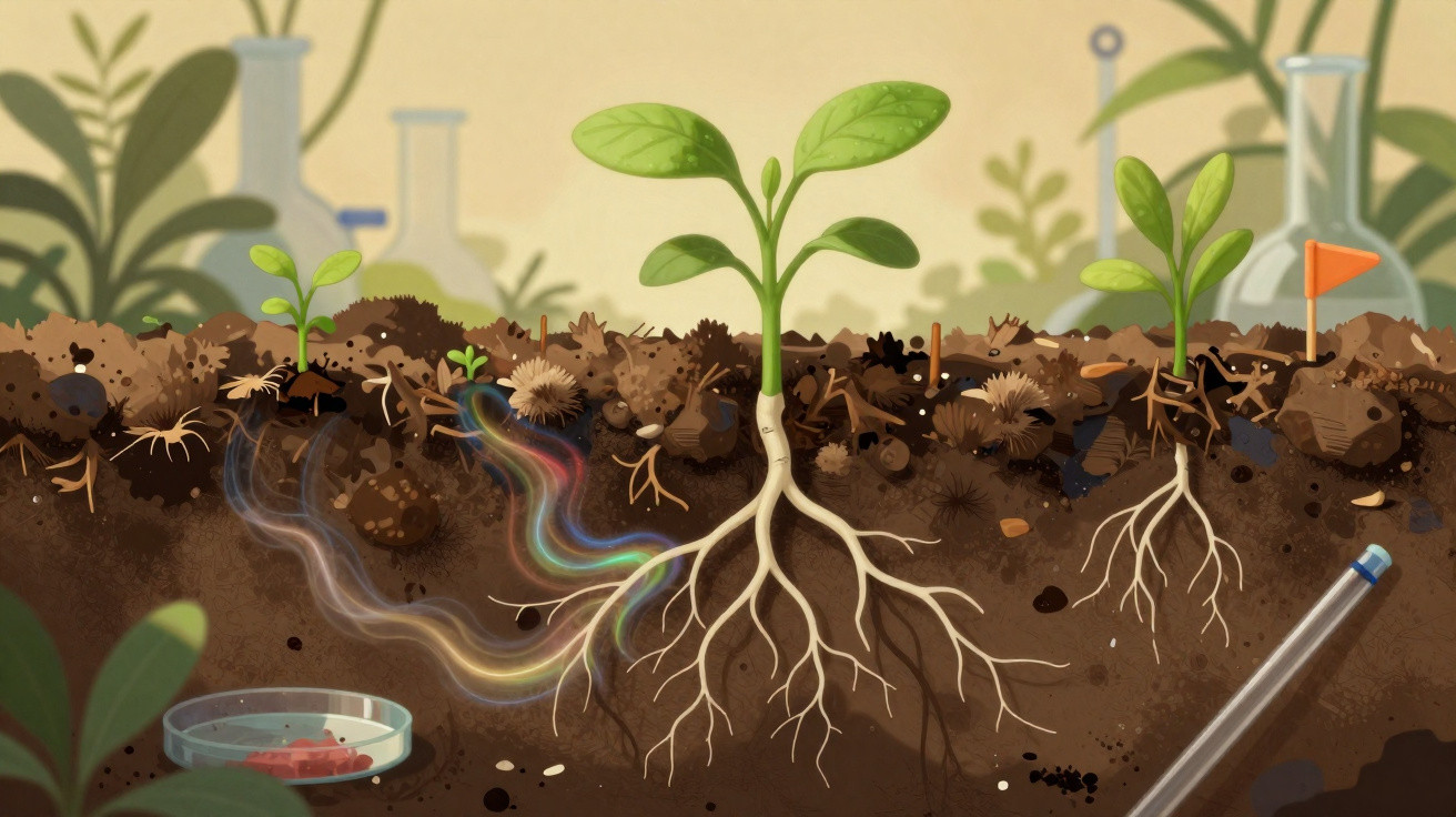 Ilustração de plantas em crescimento mostrando raízes na terra com laboratório ao fundo e cores fluindo no solo.
