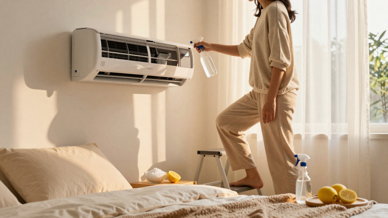 Pessoa a limpar unidade interior de ar condicionado numa divisão iluminada pelo sol.