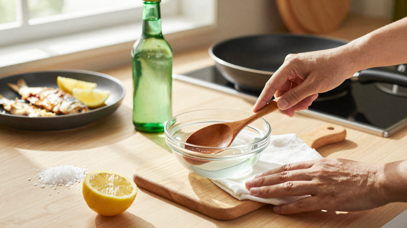 Mãos a mexer caldo num recipiente de vidro com colher de pau, limão, sal e garrafa verde na cozinha.
